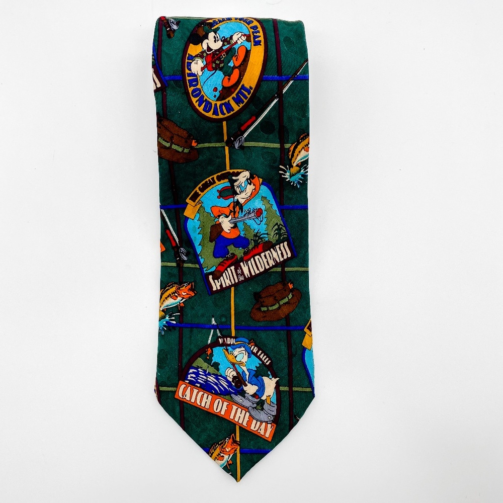 Disney Tie 100% Silk Mickey Mouse Goofy Donald Duck Hunt Fish Hike Vintage 90s